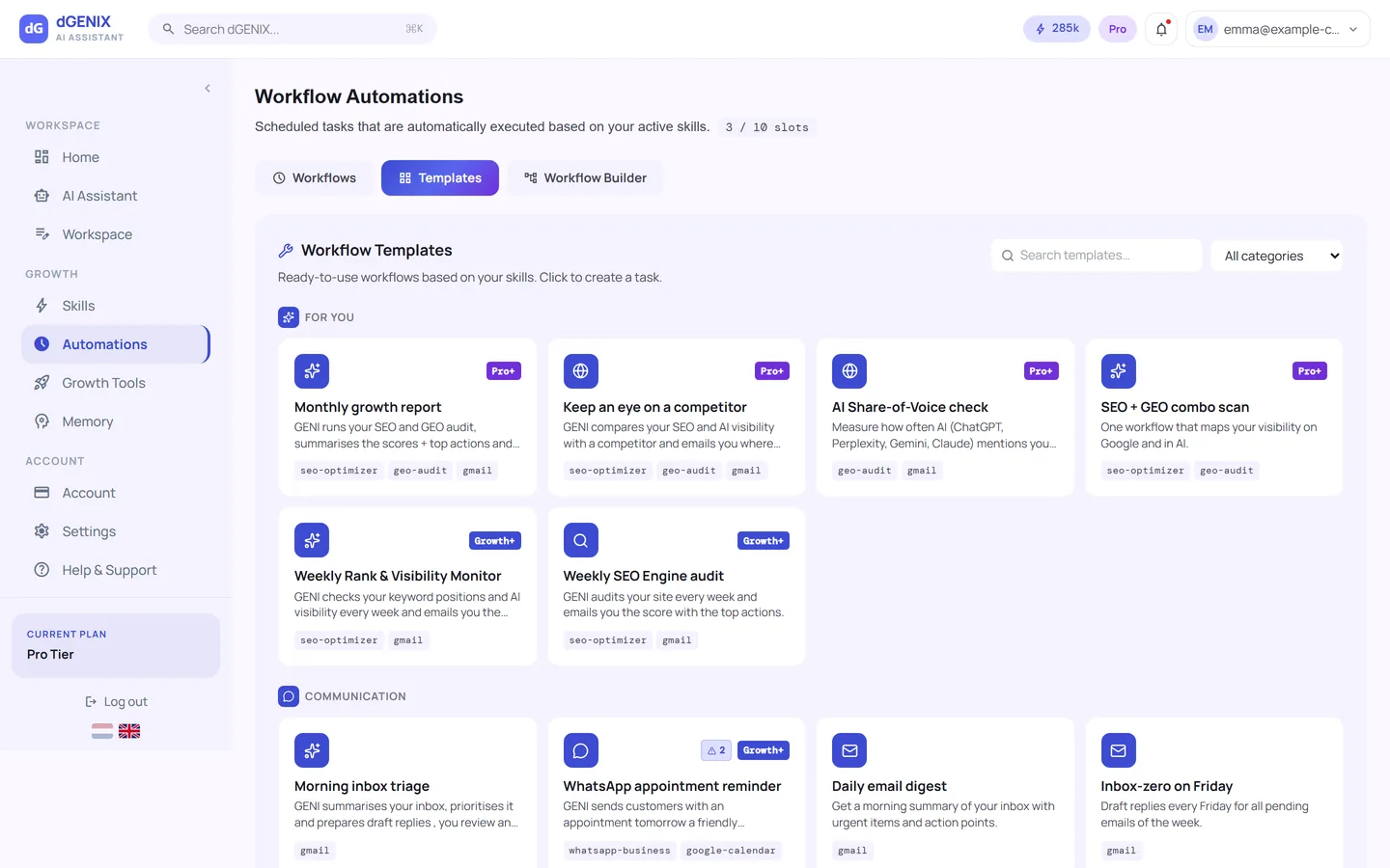 Automations, dGENIX dashboard