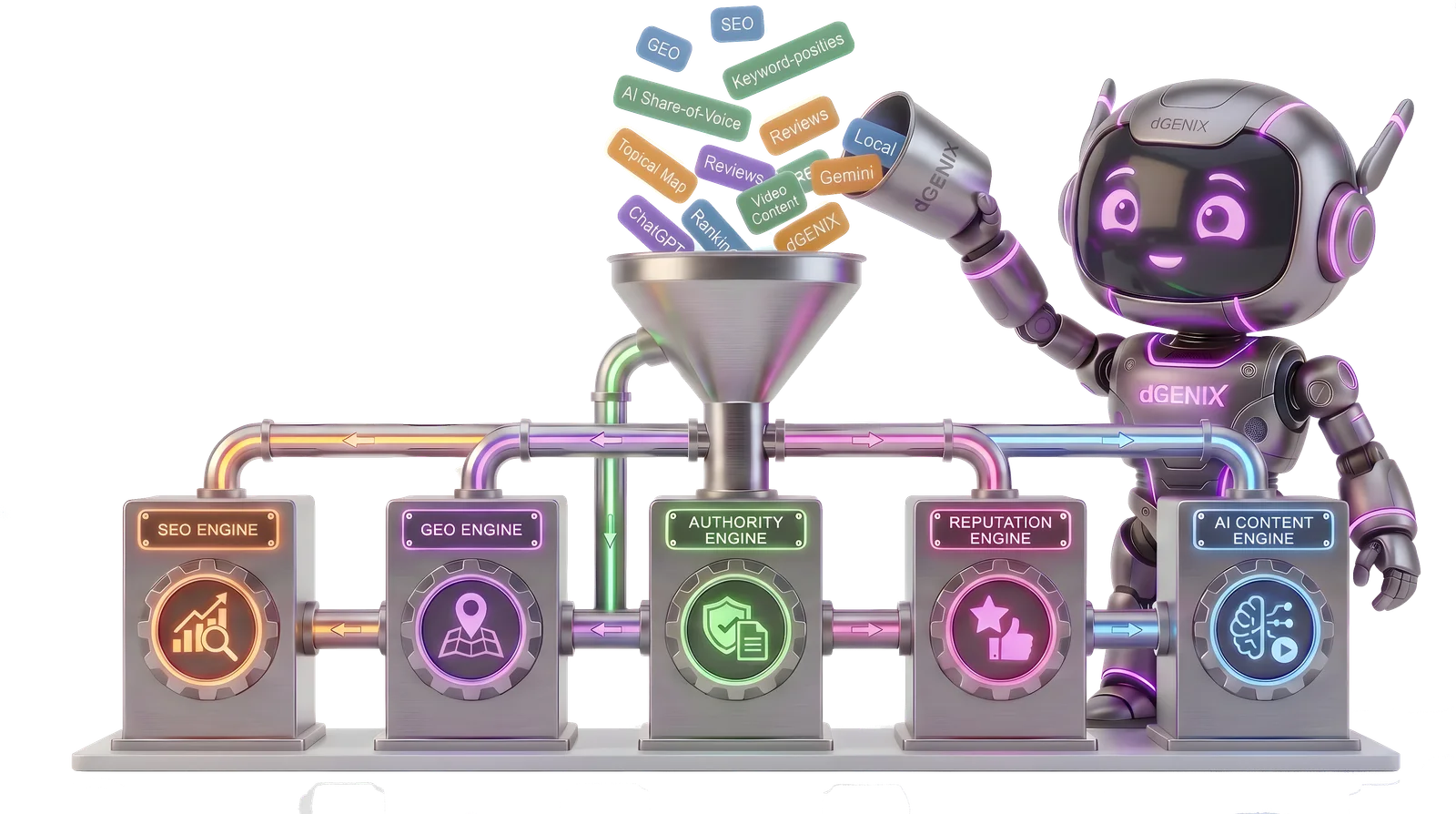 GENI feeds the 5 Growth Engines: SEO, GEO, Authority, Reputation and AI Content